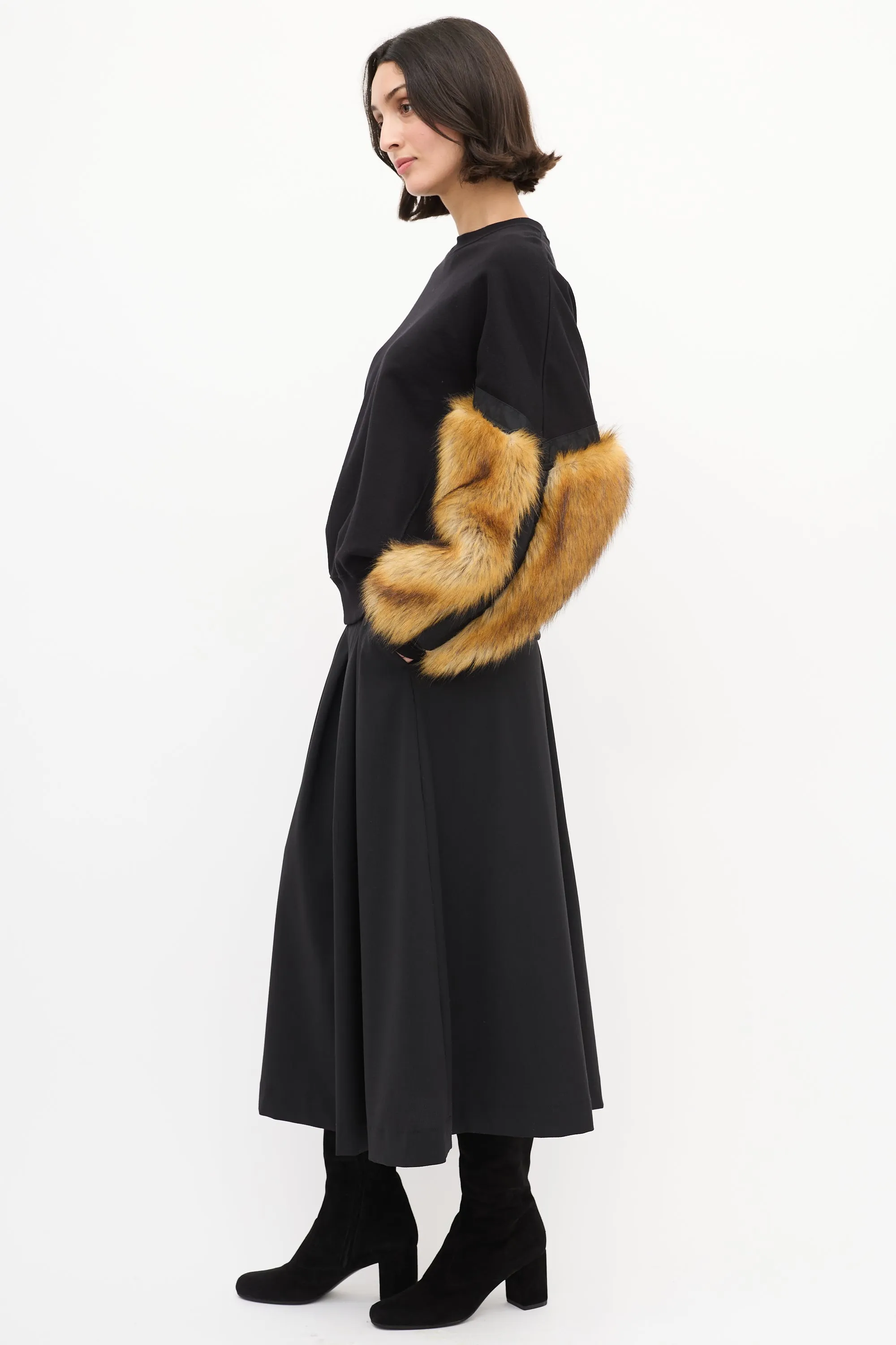 Black Cotton & Brown Faux Fur Sweater
