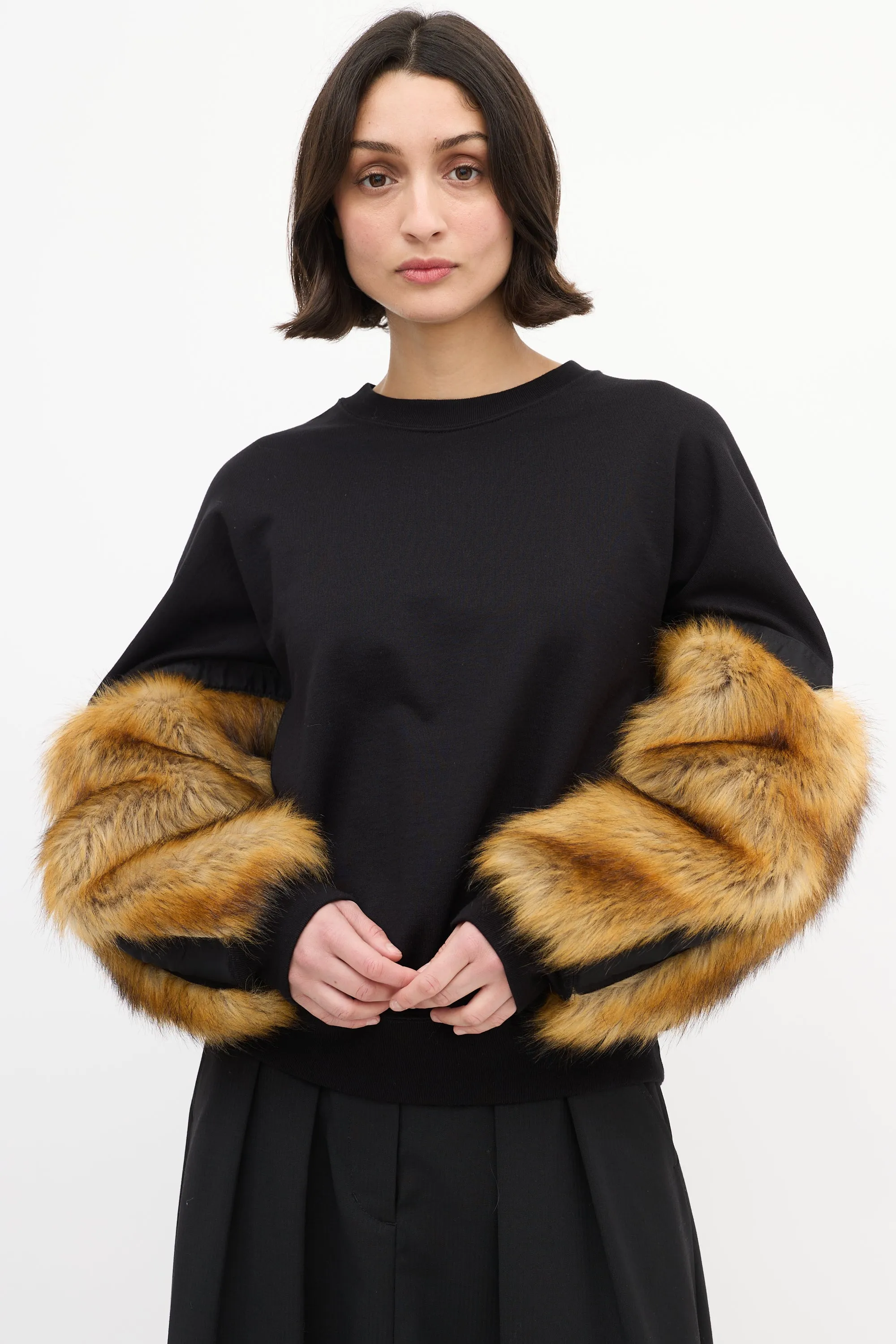 Black Cotton & Brown Faux Fur Sweater