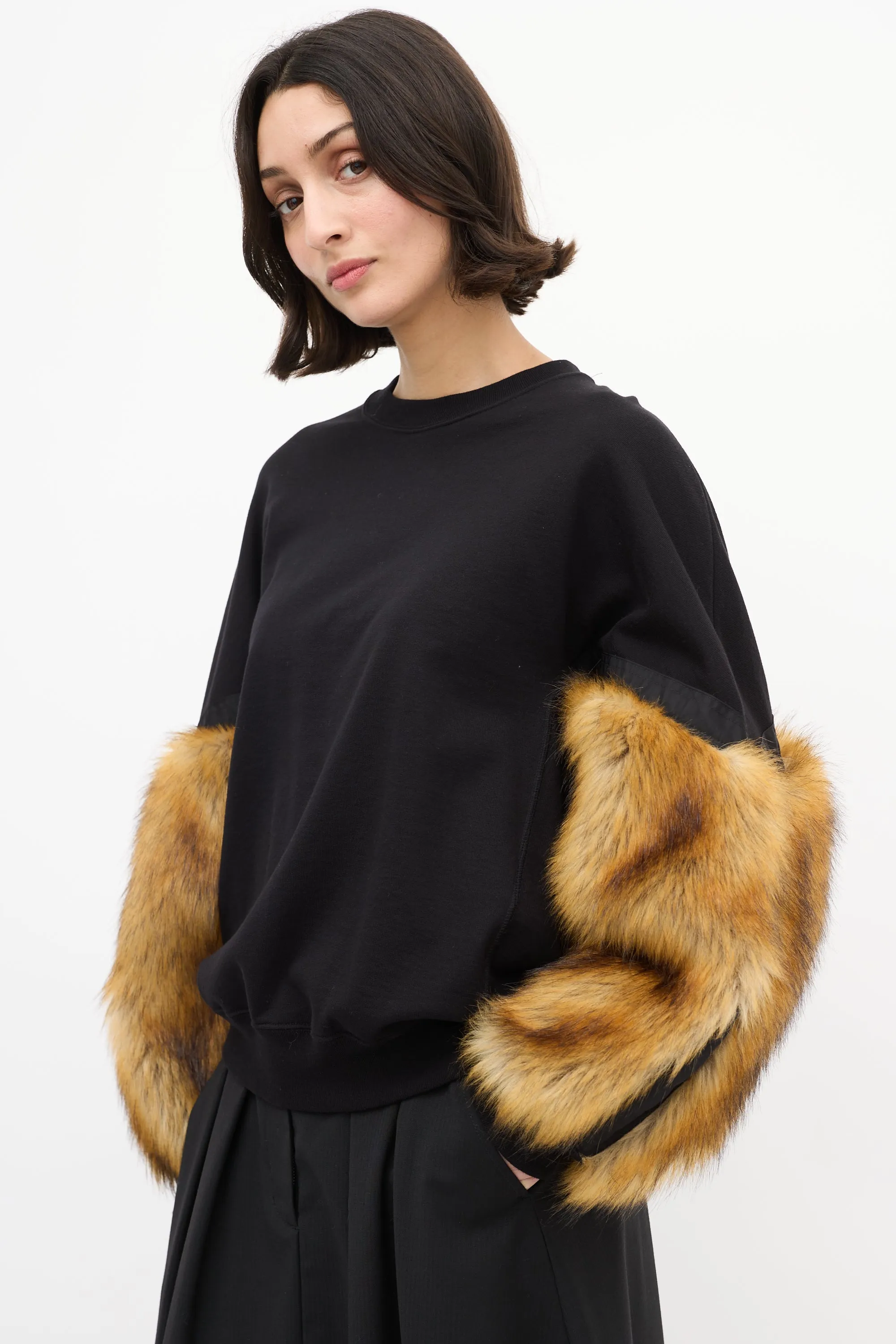 Black Cotton & Brown Faux Fur Sweater