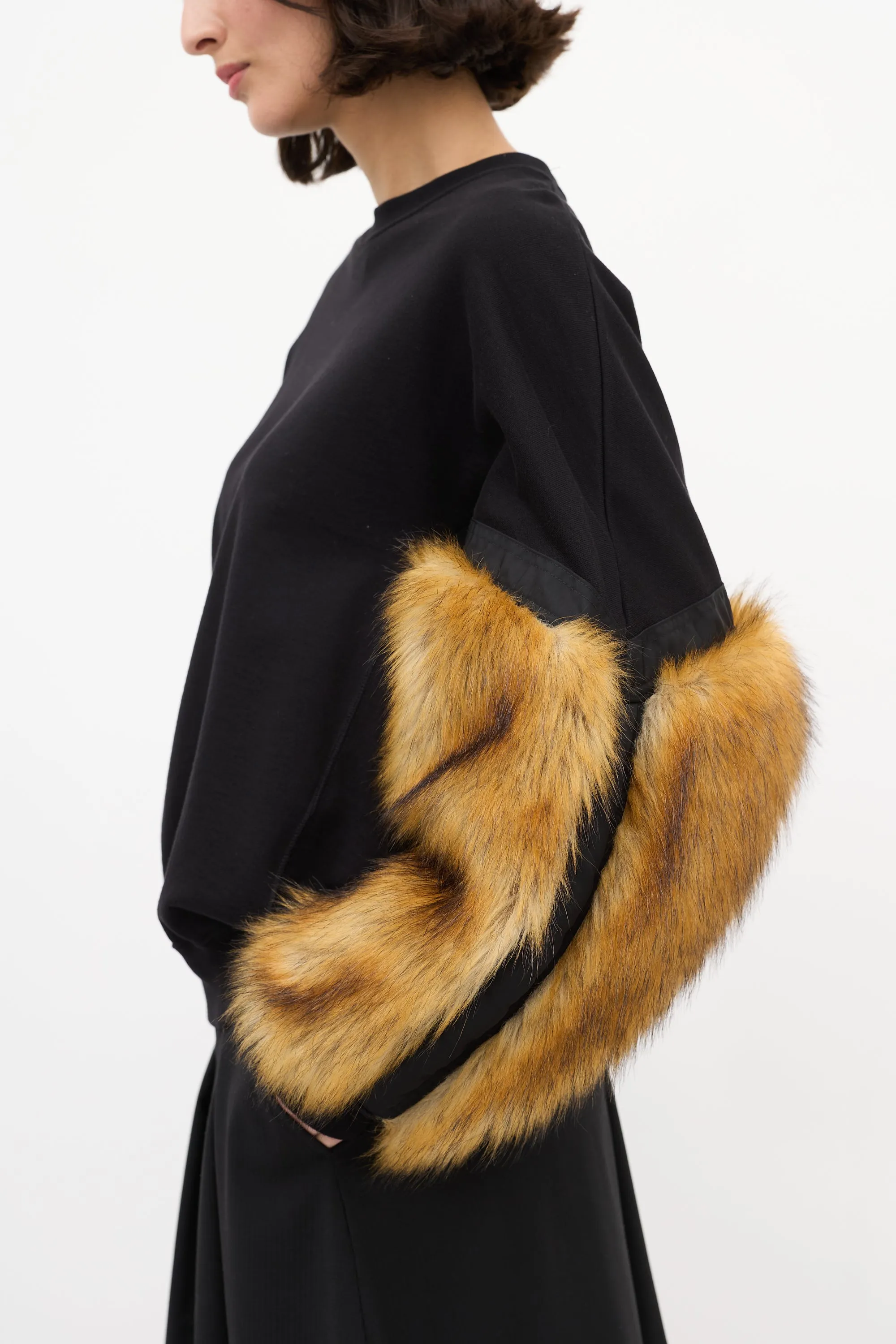 Black Cotton & Brown Faux Fur Sweater