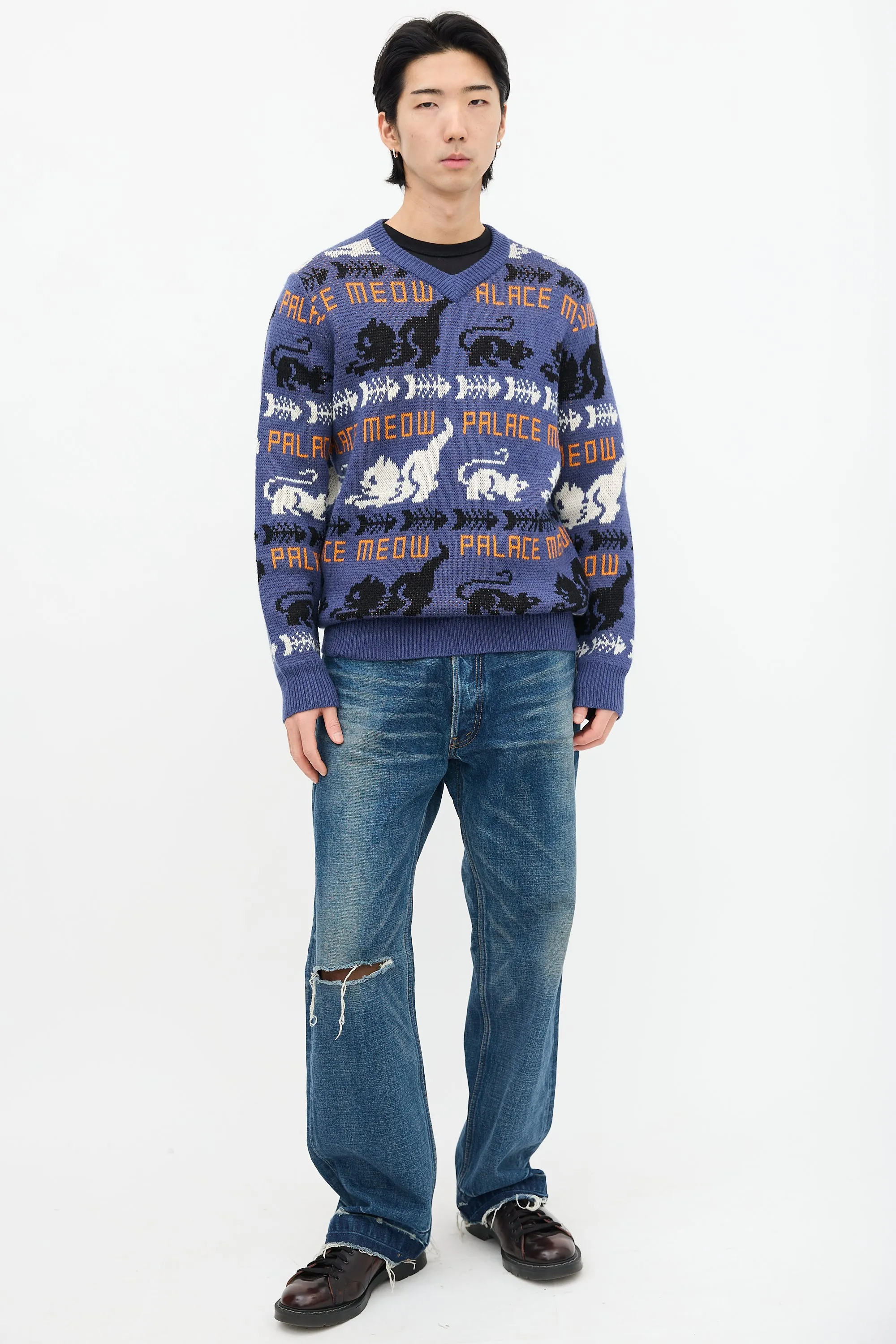Blue & Multi Knit Meow Meow Sweater