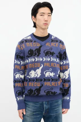 Blue & Multi Knit Meow Meow Sweater