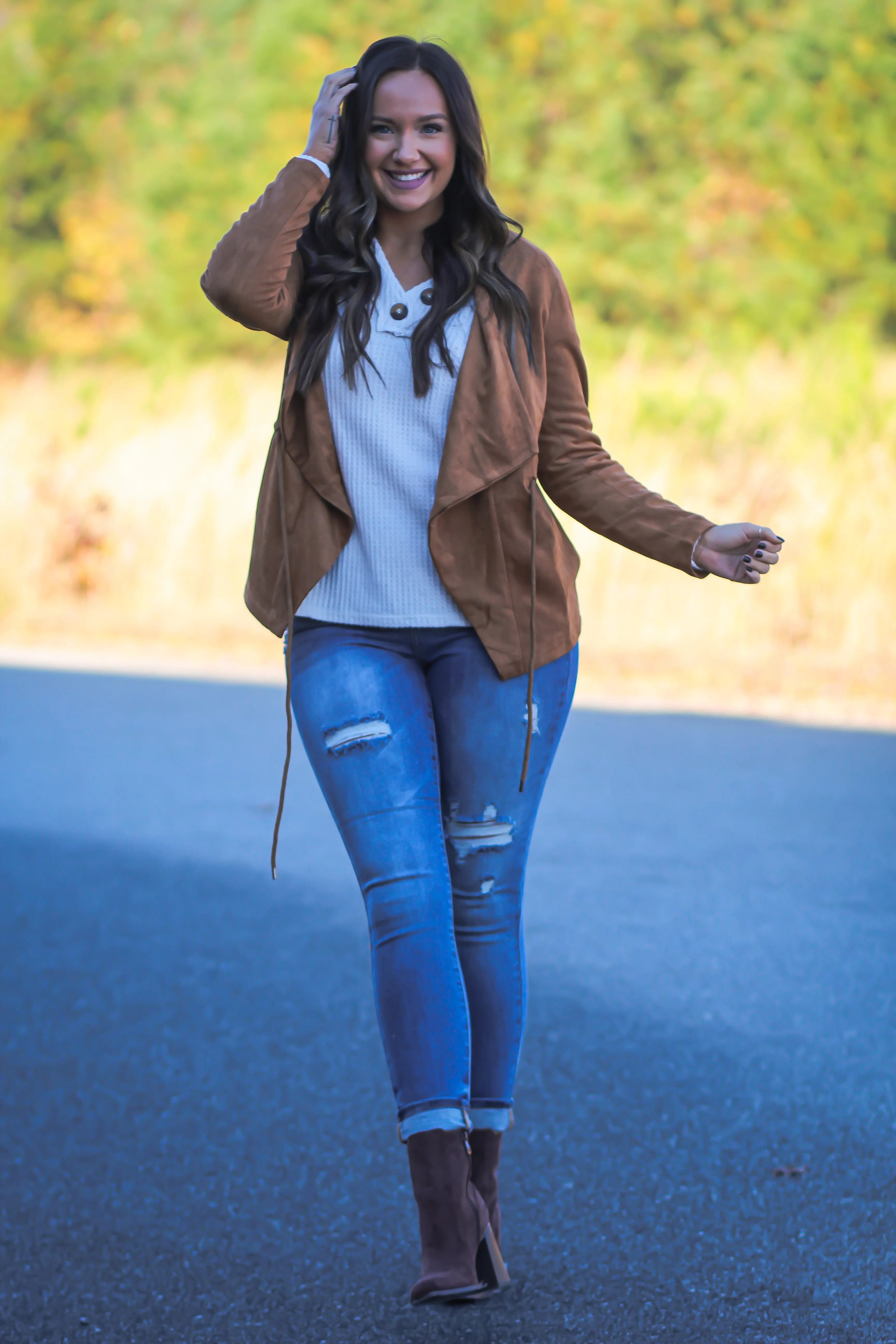 Camel Faux Suede Drawstring Jacket