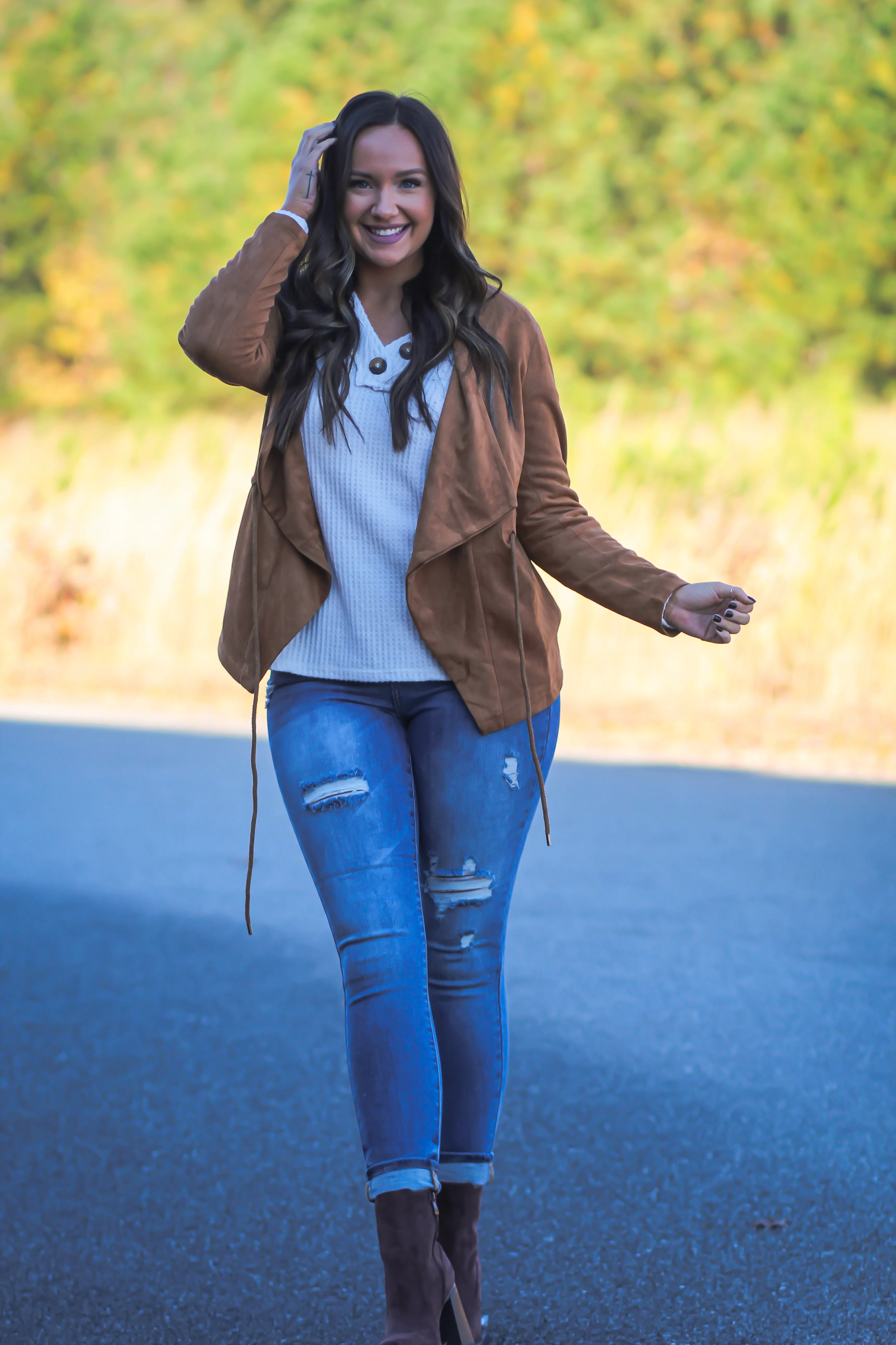 Camel Faux Suede Drawstring Jacket