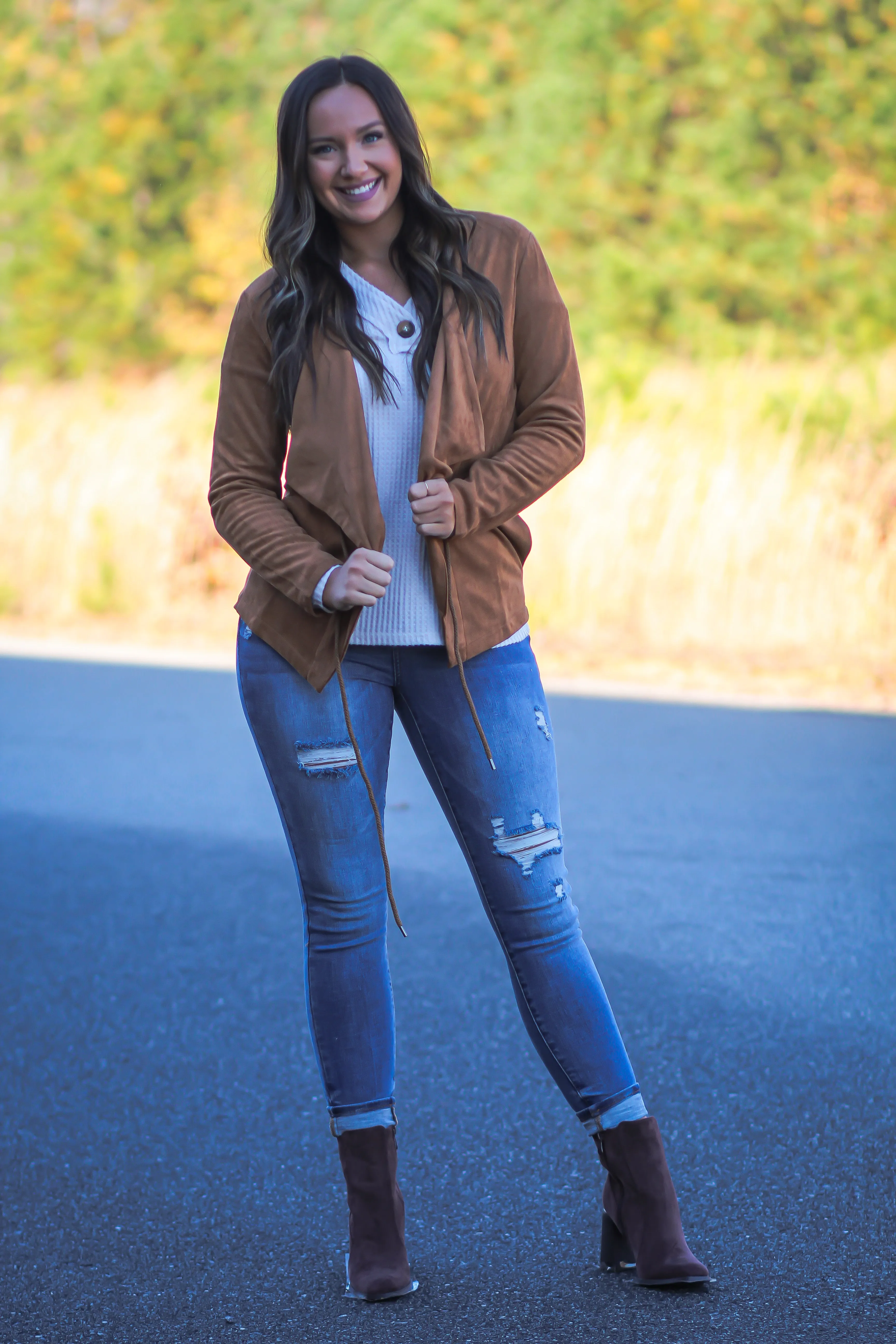 Camel Faux Suede Drawstring Jacket