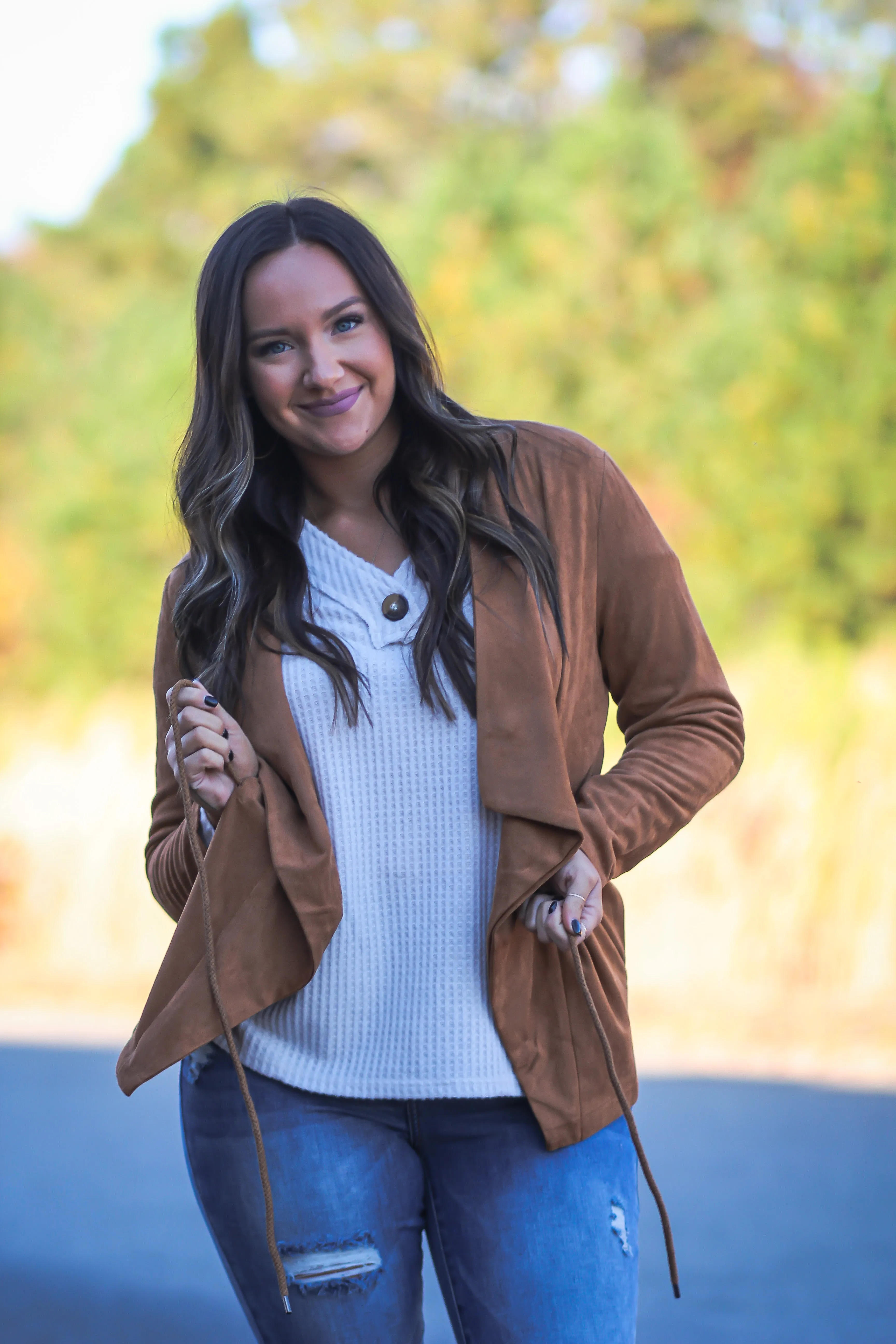 Camel Faux Suede Drawstring Jacket