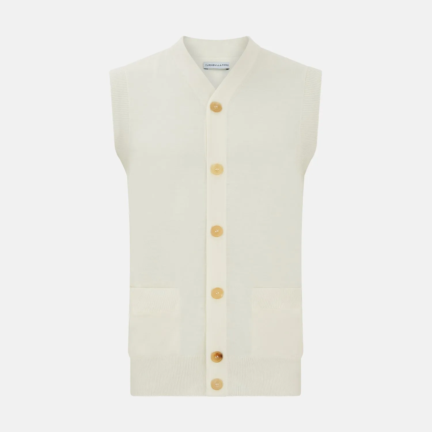 Ecru Fine Merino V-Neck Sleeveless Cardigan