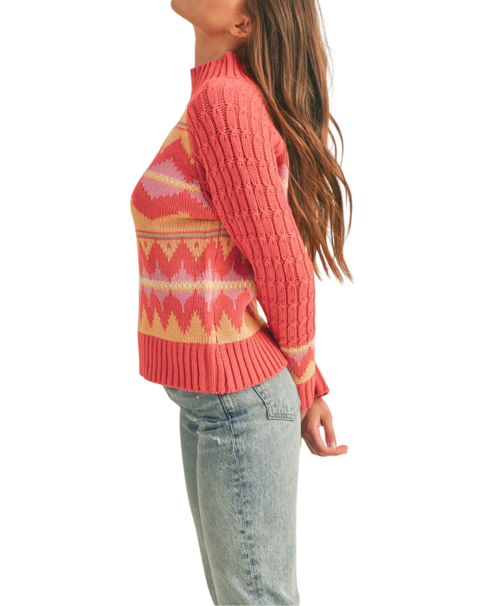 French Pink Fair Isle Mock Neck Sweater
