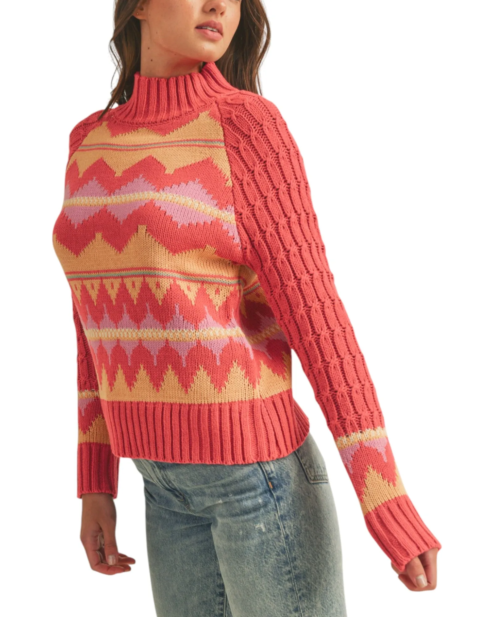 French Pink Fair Isle Mock Neck Sweater