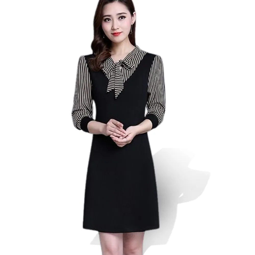Mock Two-Piece Tie-Neck Striped Dress
