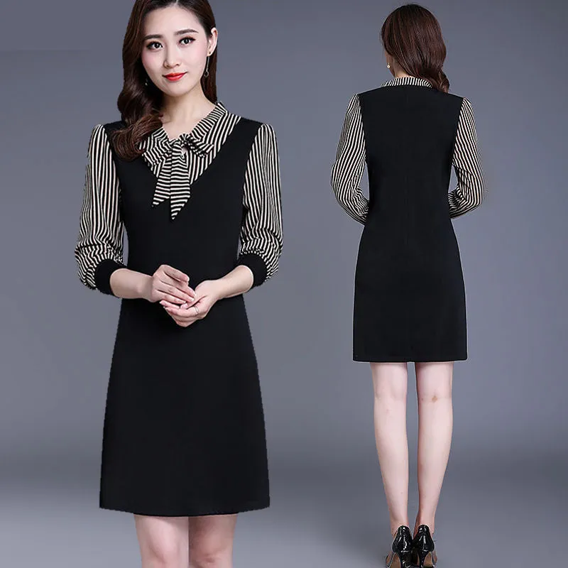 Mock Two-Piece Tie-Neck Striped Dress