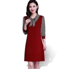 Mock Two-Piece Tie-Neck Striped Dress