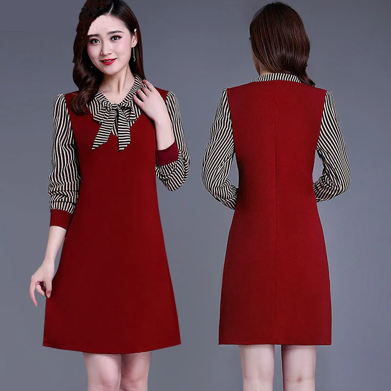 Mock Two-Piece Tie-Neck Striped Dress