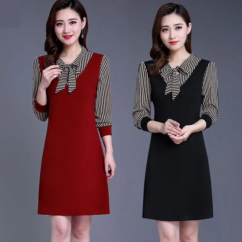 Mock Two-Piece Tie-Neck Striped Dress
