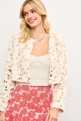 Sequin and Faux Feather Hook and Eye Close Crop Jacket