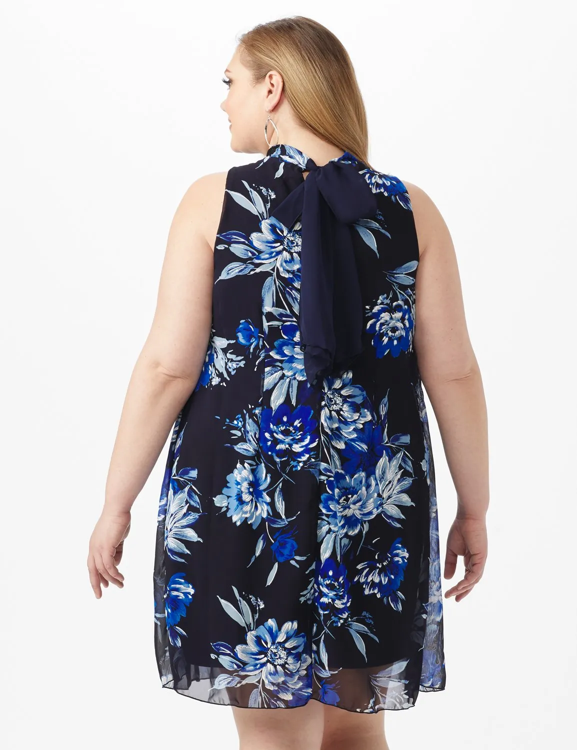 Sleeveless Chiffon Puff Print Flower Mock Neck Dress