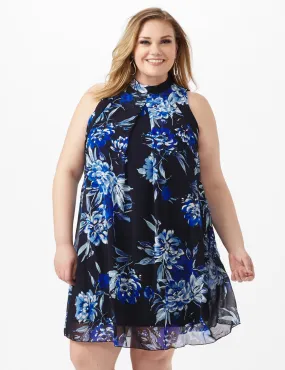 Sleeveless Chiffon Puff Print Flower Mock Neck Dress